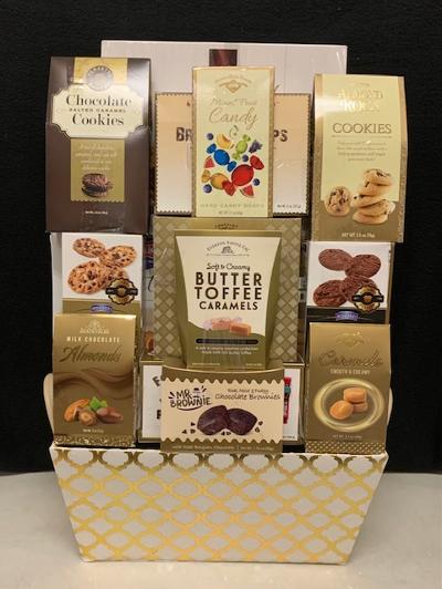 Gold and white fabric bin corporate gift - elegant reusable bin with gourmet chocolates, premium candies, and luxury sweets, delivered nationwide and to New York City NYC - ideal for housewarmings, birthdays, sympathy baskets, and corporate gifting