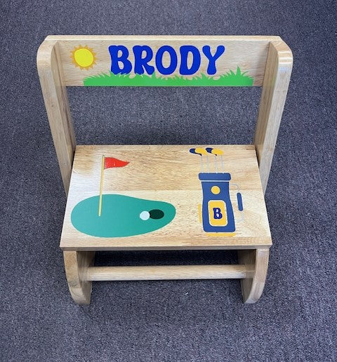Golf themed step stool for toddlers - personalized new baby corporate and birthday gift - NYC and nationwide delivery - The Pampered Professional