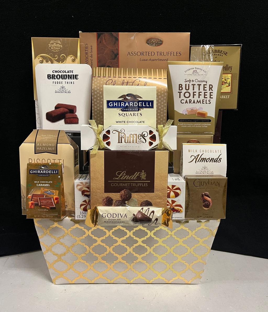 Gold fabric bin gourmet corporate gift - warm textured gold keepsake bin filled with luxury chocolates, gourmet candies, and premium sweets, delivered nationwide and to New York City NYC - perfect for corporate holiday gifts, client appreciation, and lease renewals