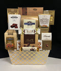 Gold fabric bin gourmet corporate gift - warm textured gold keepsake bin filled with luxury chocolates, gourmet candies, and premium sweets, delivered nationwide and to New York City NYC - perfect for corporate holiday gifts, client appreciation, and lease renewals