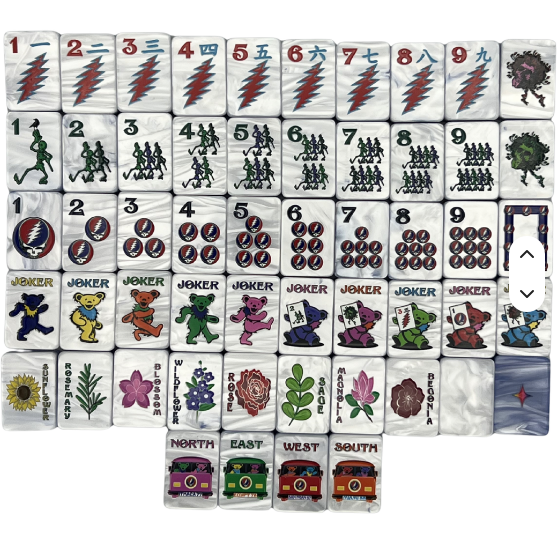 Grateful Dead-inspired blue tie-dye pearl mahjong tiles with a colorful retro 1960s look