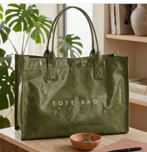 Glossy green large-capacity tote bag - sleek vinyl work and travel bag for women - unique gift for colleagues, clients, and friends - nationwide delivery