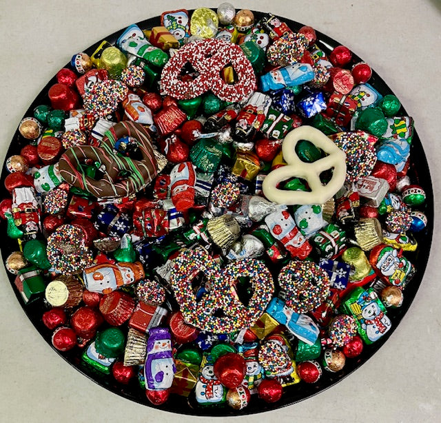 Holiday chocolate platter - luxury gourmet chocolate and chocolate-covered pretzel gift platter, delivered nationwide and to New York City NYC - perfect for corporate holiday gifts, client appreciation, employee appreciation, and Christmas and Chanukah gifting