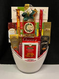 Holiday festive white acrylic beverage bin - reusable gourmet gift bin for drinks and snacks, perfect for conference rooms, home bars, and entertaining, delivered nationwide and to New York City NYC - ideal for corporate holiday gifts, client appreciation, Christmas and Chanukah gifting, and employee appreciation