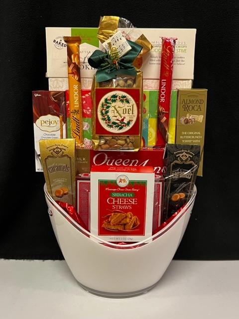 Holiday festive white acrylic beverage bin - reusable gourmet gift bin for drinks and snacks, perfect for conference rooms, home bars, and entertaining, delivered nationwide and to New York City NYC - ideal for corporate holiday gifts, client appreciation, Christmas and Chanukah gifting, and employee appreciation