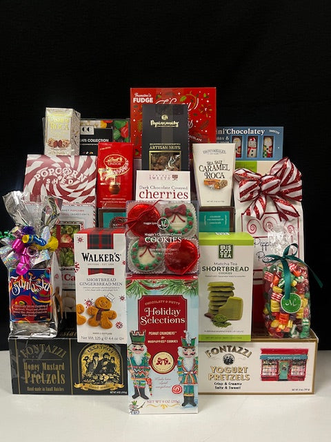Holiday Hue Gourmet Gift Basket Luxury Gathering - premium holiday chocolates, cookies, nuts, and truffles in vibrant red and multicolor festive packaging - NYC delivery and nationwide shipping