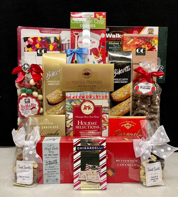 Holiday Reds Gourmet Gift Basket Luxury Gathering - premium holiday chocolates, cookies, nuts, and truffles in rich red Christmas packaging - NYC delivery and nationwide shipping