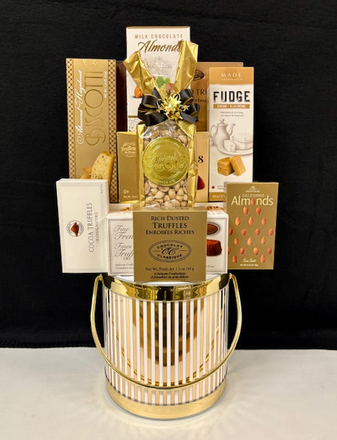 Luxury gold ice bucket gift basket filled with premium gourmet chocolates and treats - upscale corporate gift for NYC clients, colleagues, and office celebrations