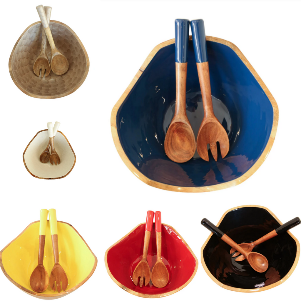 Mango Wood & Enamel Salad Bowl w/ Servers