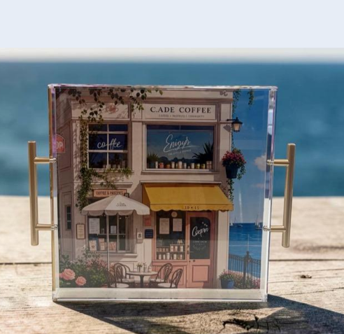 Just a Beach Town acrylic tray featuring a charming coastal cafe scene with ocean view and gold handles - a perfect gift for home decor lovers, nationwide delivery from NYC.