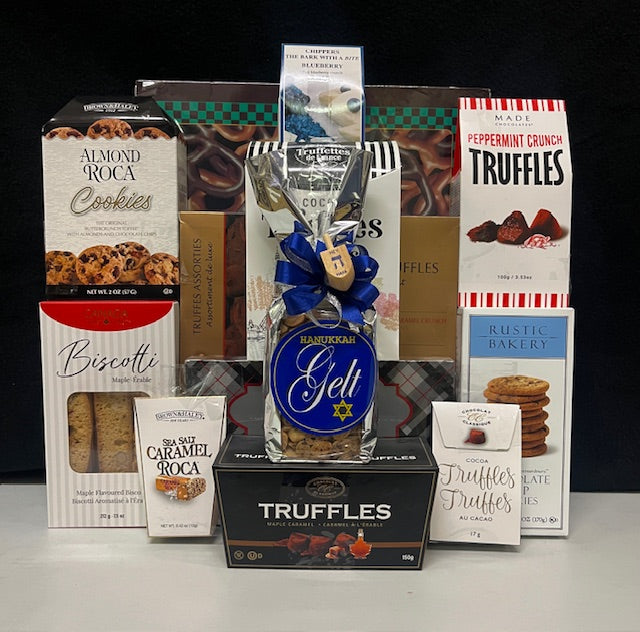 Kosher Luxury Gourmet Gift Basket Gathering - certified kosher chocolates, cookies, nuts, truffles, and savory treats in an elegant presentation - NYC delivery and nationwide shipping