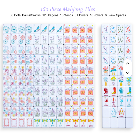 Lady Floral Theme 160-piece acrylic mahjong tile set complete layout - all suits displayed including lavender dot tiles, bamboo with birds, perfume bottle craks, floral flowers, NEWS winds, and fashion joker tiles - NMJL compatible American mahjong gift set, Corey Paige, Bespoke Mahjong, My Fair Mahjong, Oh My Mahjong - nationwide delivery
