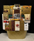 Luxe gold keepsake tin gourmet corporate gift - gleaming gold tin filled with luxury chocolates, gourmet candies, truffles, and premium sweets, delivered nationwide and to New York City NYC - perfect for corporate holiday gifts, Christmas and Chanukah gifting, client appreciation, and employee appreciation