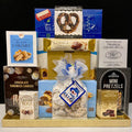 Luxury blue and gold faux leather tray gift basket with premium gourmet treats - sophisticated corporate gift for New York clients and tenant renewals
