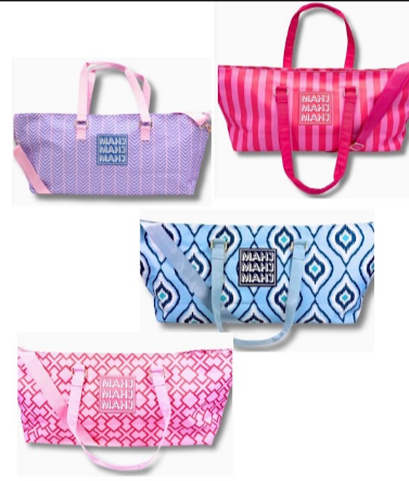 Mahjong tote bags in four designs - Purple Geometric, Pink Red Stripe, Blue IKAT and Pink Geometric - oversized zip totes with MAHJ patch for game night, travel and gifting - Long Island NYC gift store, nationwide delivery

