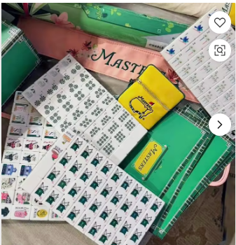 Golf Masters Acrylic Mahjong Set displayed with green carrying case, yellow Masters tile rack, and full tile sheets - premium golf-themed mahjong gift for him - corporate gift, birthday, Father's Day - Long Island gift store nationwide delivery
