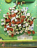 Luxury Golf Masters Themed Acrylic Mahjong Tile Set - green and gold Masters-branded tiles piled on official Masters game board with Charleston guide - unique golf gift - Corey Paige, Bespoke Mahjong, Oh My Mahjong alternative - NYC
