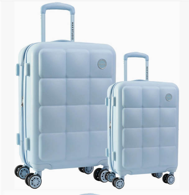 Max Studio 2-piece hard sided spinner luggage set in ice blue - 21 inch carry-on and 32 inch suitcase on wheels - travel gift for her, birthdays, holidays, corporate gifts - NYC Long Island gift store nationwide delivery