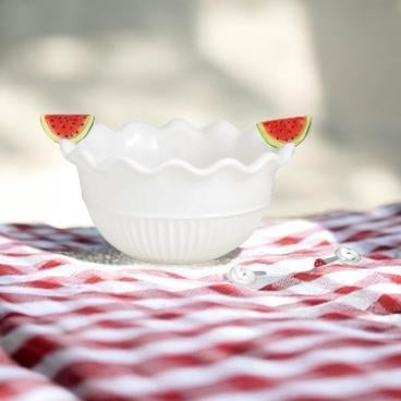 Ceramic watermelon bowl with ruffled rim and enamel melon baller set - hostess gift, corporate gift, summer entertaining