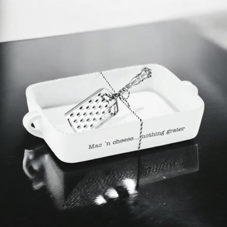 Ceramic mac and cheese baker with handles and silverplate cheese grater set - hostess gift, corporate gift, housewarming