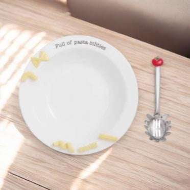 Ceramic pasta serving bowl with noodle attachments and enamel tomato pasta spoon - hostess gift, corporate gift