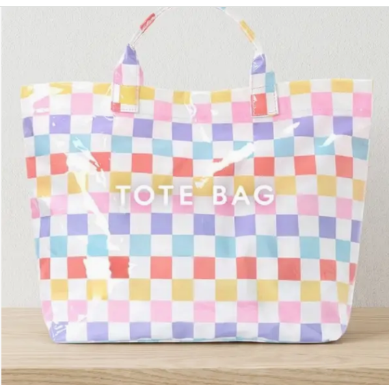 Pastel Checkered glossy PVC tote bag - women's beach and pool bag, birthday and bridal shower gift | The Pampered Professional