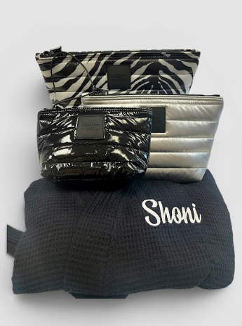 Personalized spa robe with Royln triple cosmetic bag set - monogrammed luxury gift for women, perfect for birthday, bridal shower, Mother's Day, and corporate gift