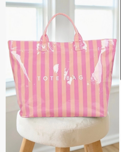 Pink and Orange Stripe glossy beach tote - vibrant summer pool bag gift for her, bridal shower and birthday | The Pampered Professional
