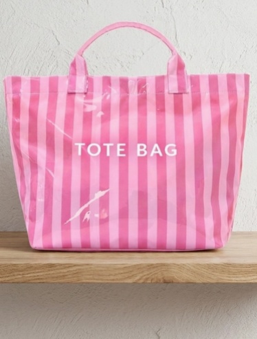 Pink on Pink Stripe glossy PVC beach tote - chic women's vacation bag, teacher gift and staff appreciation, nationwide delivery