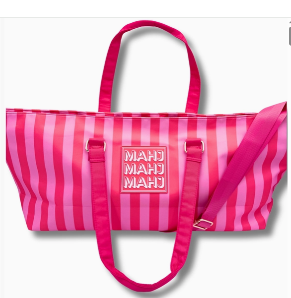 Pink striped tote bag with 'MAHJ' logo on a white background