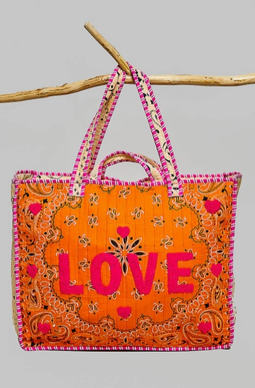 Orange quilted bandana tote bag with hot pink LOVE lettering - unique gift for her, birthdays, corporate gifts and holidays - Long Island gift store with nationwide delivery, New York City