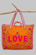 Orange quilted bandana tote bag with hot pink LOVE lettering - unique gift for her, birthdays, corporate gifts and holidays - Long Island gift store with nationwide delivery, New York City