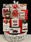 Ravishing Reds gourmet gift basket - bold red-themed premium gift basket with chocolates, truffles, biscotti, and savory treats, delivered nationwide and to New York City NYC - ideal for Valentine's Day, anniversaries, birthdays, corporate gifts, client appreciation, and holiday gifting