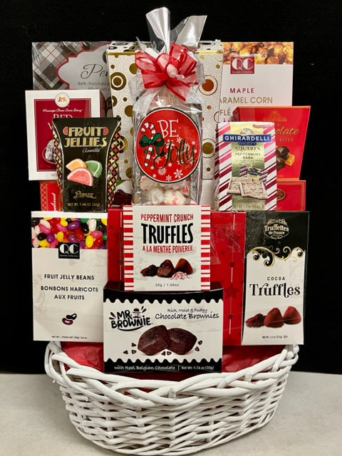Ravishing Reds gourmet gift basket - bold red-themed premium gift basket with chocolates, truffles, biscotti, and savory treats, delivered nationwide and to New York City NYC - ideal for Valentine's Day, anniversaries, birthdays, corporate gifts, client appreciation, and holiday gifting