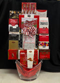 Red Allure acrylic beverage bin gourmet corporate gift - bold red reusable bin for drinks and snacks filled with luxury chocolates, gourmet candies, and premium sweets, perfect for conference rooms and home entertaining, delivered nationwide and to New York City NYC - ideal for client appreciation, employee appreciation, and corporate holiday gifting