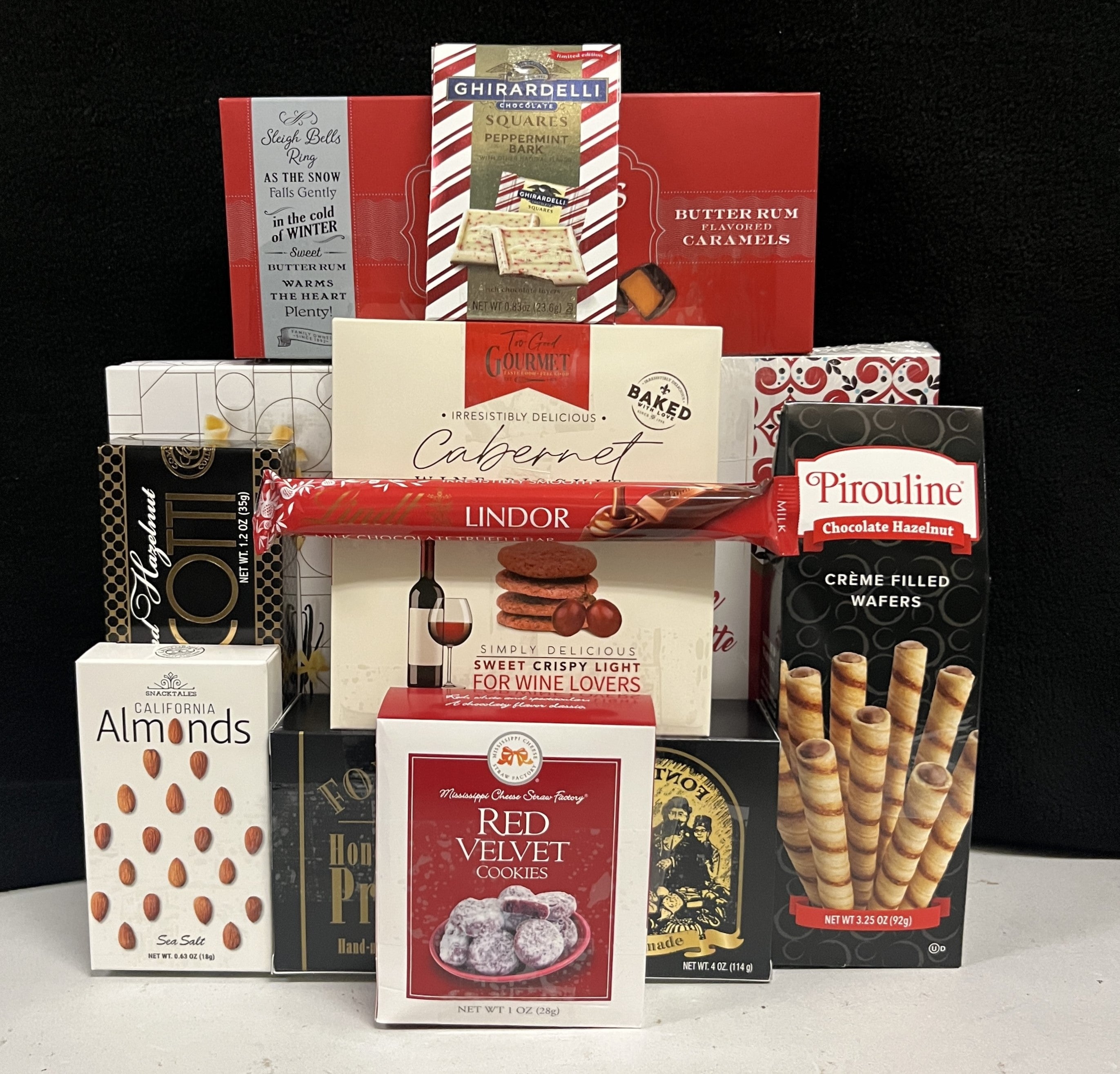 Red Black White Luxury Gourmet Gift Basket RBW Gathering - premium chocolates, cookies, nuts, and truffles in a bold red, black, and white presentation - NYC delivery and nationwide shipping