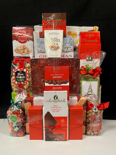 Red Hot Gourmet Gift Basket Luxury Gathering - premium chocolates, cookies, nuts, and truffles in bold red packaging - NYC delivery and nationwide shipping