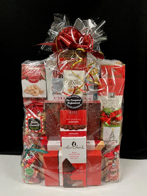 Red Hot Gourmet Gift Basket Luxury Gathering - luxury gourmet gift basket wrapped in cellophane with decorative bows and ribbons - NYC delivery and nationwide shipping