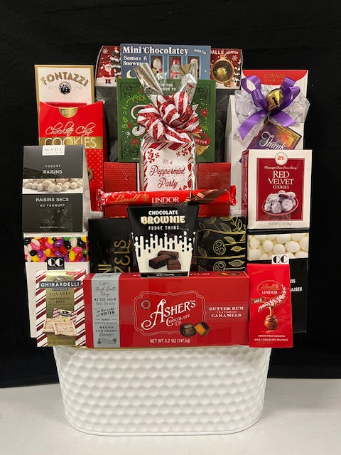 Red Velvet white tin gourmet corporate gift - romantic red and white keepsake tin filled with luxury chocolates, gourmet candies, and premium sweets, delivered nationwide and to New York City NYC - perfect for Valentine's Day, birthdays, client appreciation, and corporate holiday gifting