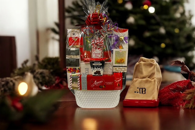 Red Velvet white tin luxury gift basket - beautifully presented tin with premium gourmet chocolates, truffles, and candies, delivered nationwide and to New York City NYC - ideal for Christmas and Chanukah baskets, sympathy baskets, employee appreciation, and lease renewals