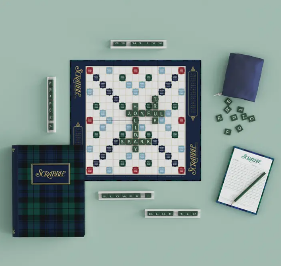Holiday Edition Scrabble Bookshelf Game in classic plaid - Christmas gift for families, game nights, and holiday decor - nationwide delivery from NYC gift store