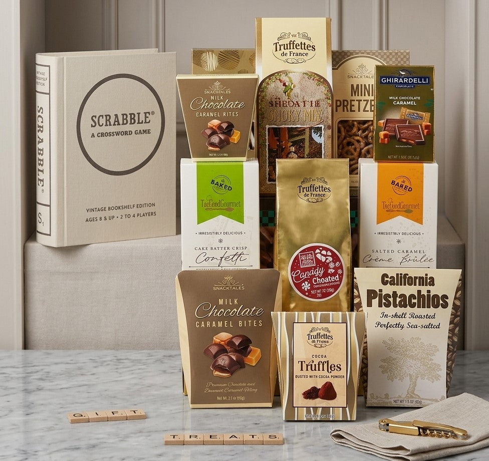 Scrabble Vintage Bookshelf Edition luxury corporate gift basket with premium gourmet treats - corporate gifts for clients, colleagues, marketing firms, law firms, and employees - NYC and Long Island gift store, nationwide delivery - The Pampered Professional