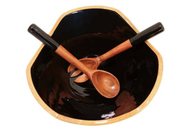 Mango Wood & Enamel Salad Bowl w/ Servers
