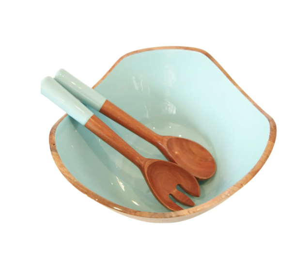 Mango Wood & Enamel Salad Bowl w/ Servers