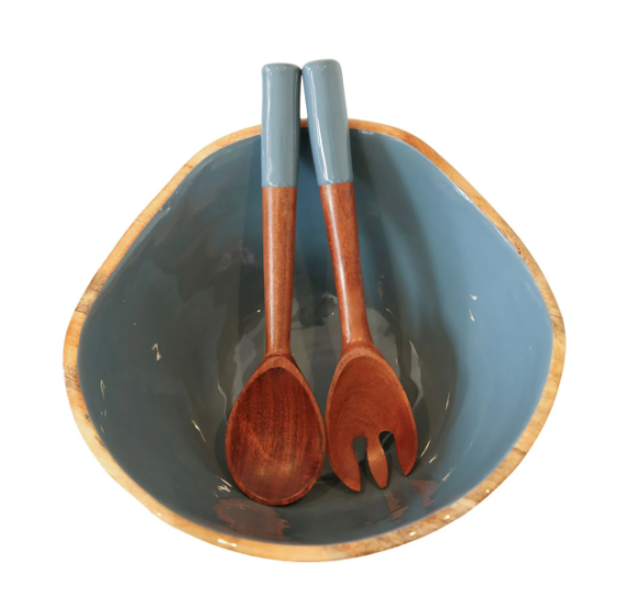 Mango Wood & Enamel Salad Bowl w/ Servers