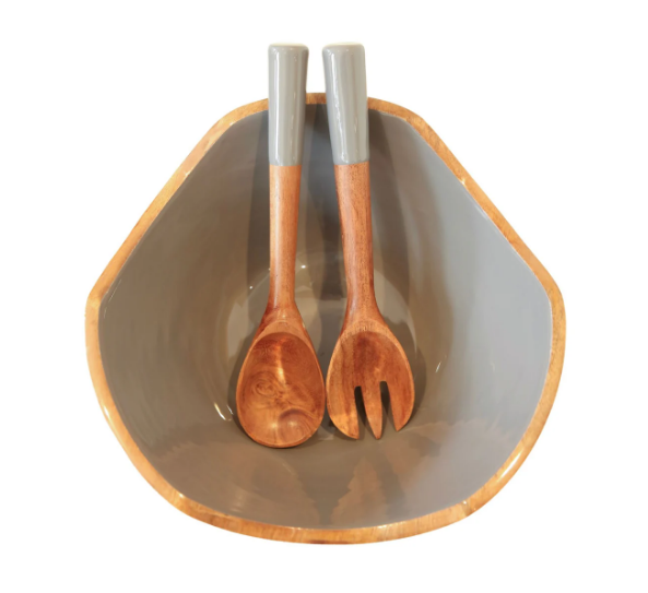 Mango Wood & Enamel Salad Bowl w/ Servers