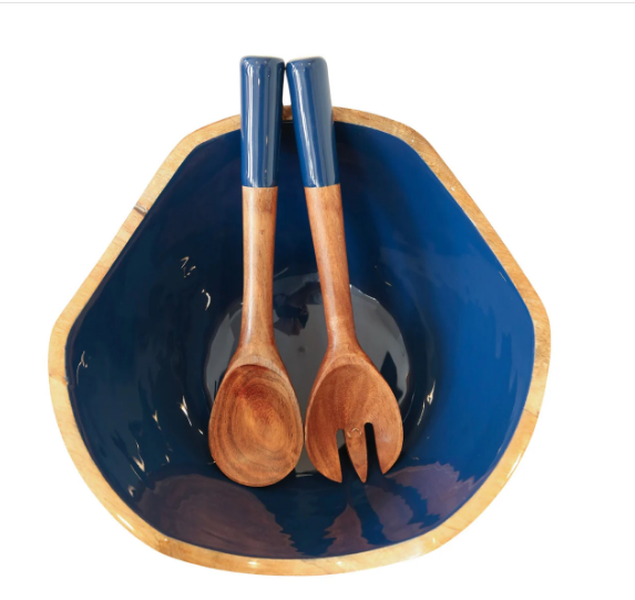 Mango Wood & Enamel Salad Bowl w/ Servers