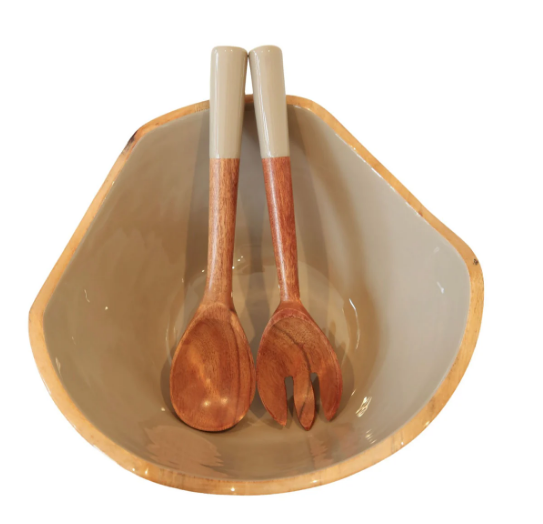Mango Wood & Enamel Salad Bowl w/ Servers