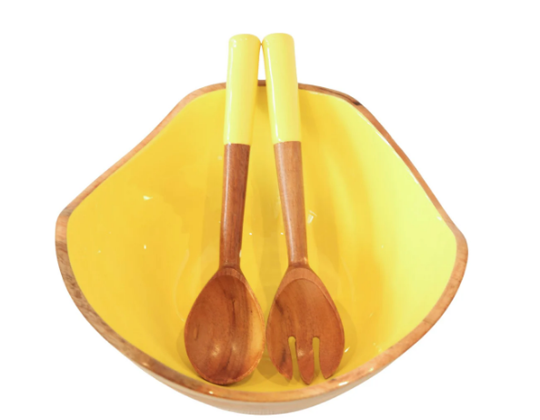 Mango Wood & Enamel Salad Bowl w/ Servers