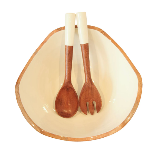 Mango Wood & Enamel Salad Bowl w/ Servers